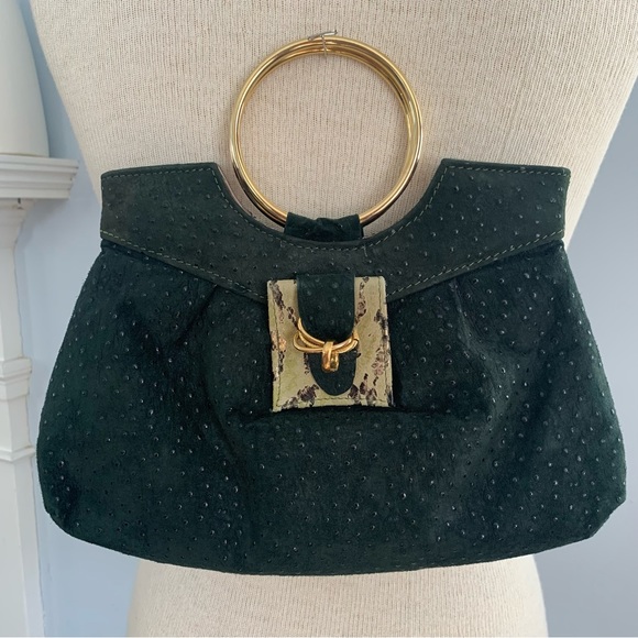 Vegan leather purse dark green w/goldtone “bracelet” ring handle; ostrich, snake - Picture 12 of 14